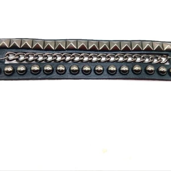 Goth Black Stud and Chain vegan Leather Bracelet Unisex -Black- Lot of 2 New - Picture 10 of 11